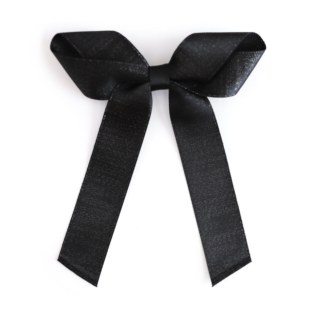 girl's satin black shimmer bow on clip made to match Halloween outfits