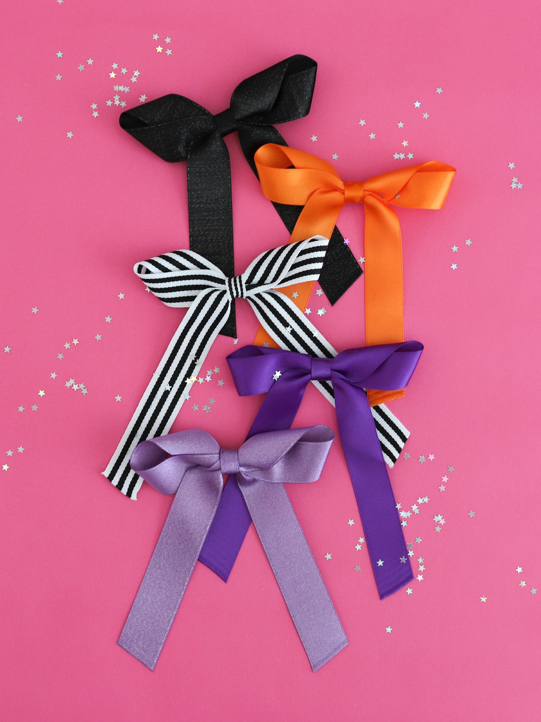 girls' ribbon bows on clips in five Halloween colors - sparkle black, orange, stripe, purple and light purple shimmer