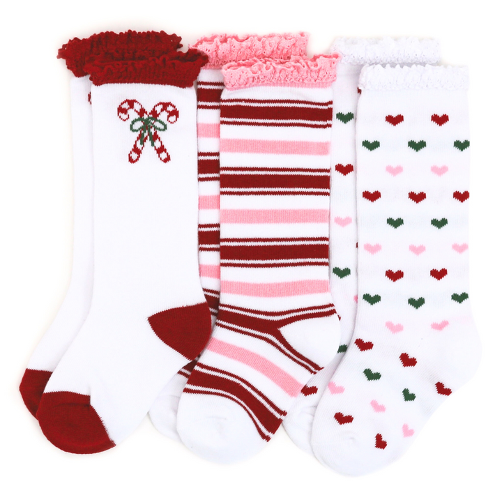 girls christmas knee high socks with candy canes and stripes and hearts