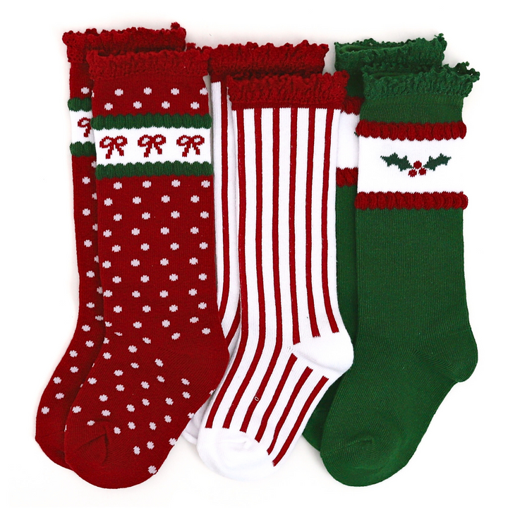 christmas knee high socks with lace trim, 3 pair pack, bows, stripes and holly vintage inspired 