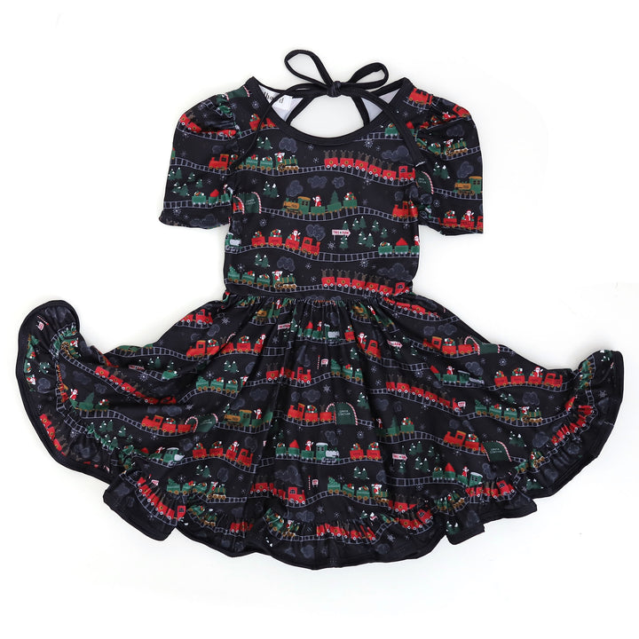 girls christmas train twirl dress black with red and green santa trains