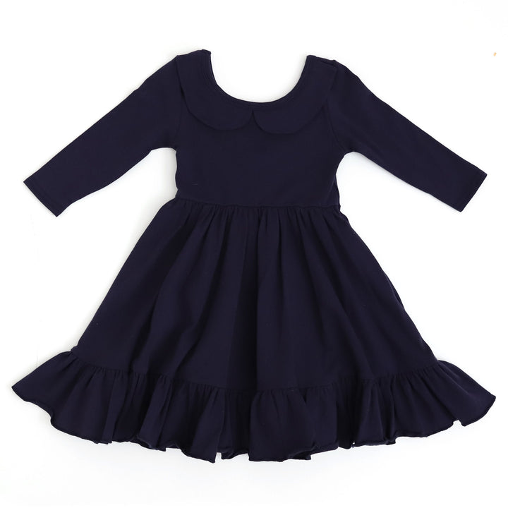 girls navy blue school uniform dress with long sleeves and pockets