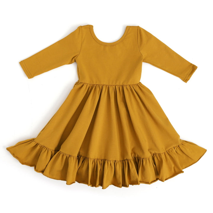 mustard yellow girls twirl dress with ong sleeves and pockets