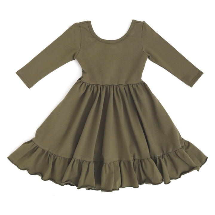 girls olive green twirl dress with long sleeves and pockets