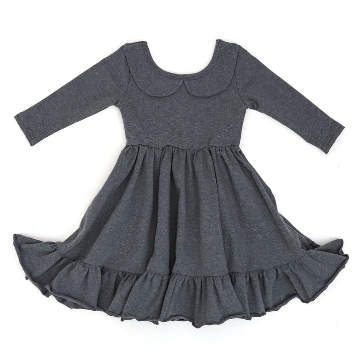 charcoal gray twirl dress with peterpan collar for little girls