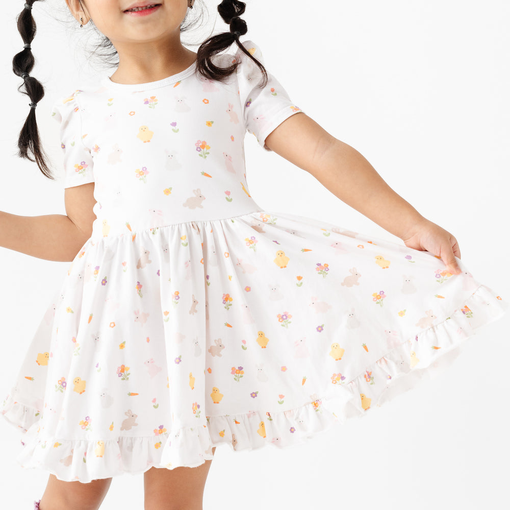 girls easter twirl dress with bunnies, chicks and flowers