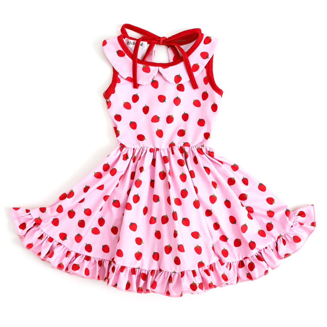 girls strawberry print tank top dress with collar and pockets