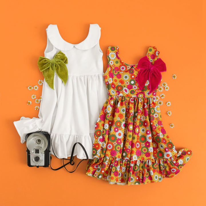 girls' summer tank dresses in white and retro floral with cute velvet hair bows