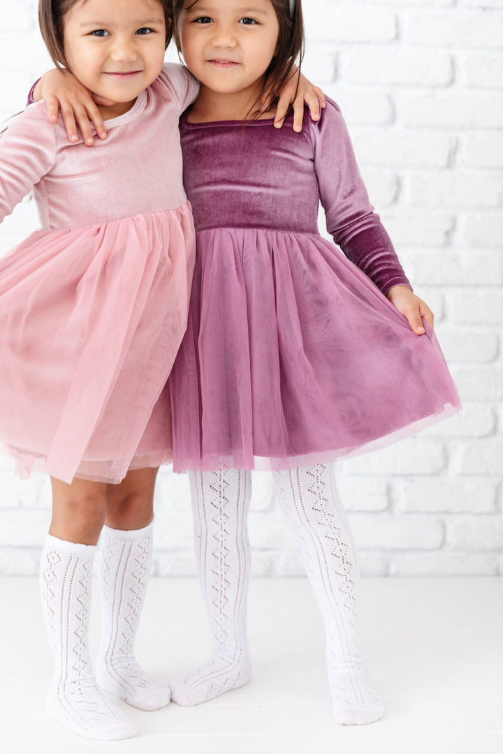 little girls pink and purple velvet and tulle holiday dresses