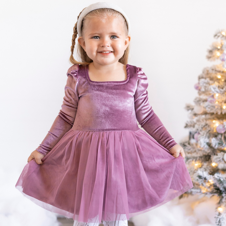 girls purple velvet and tulle fancy party dress with square neck and puff sleeves