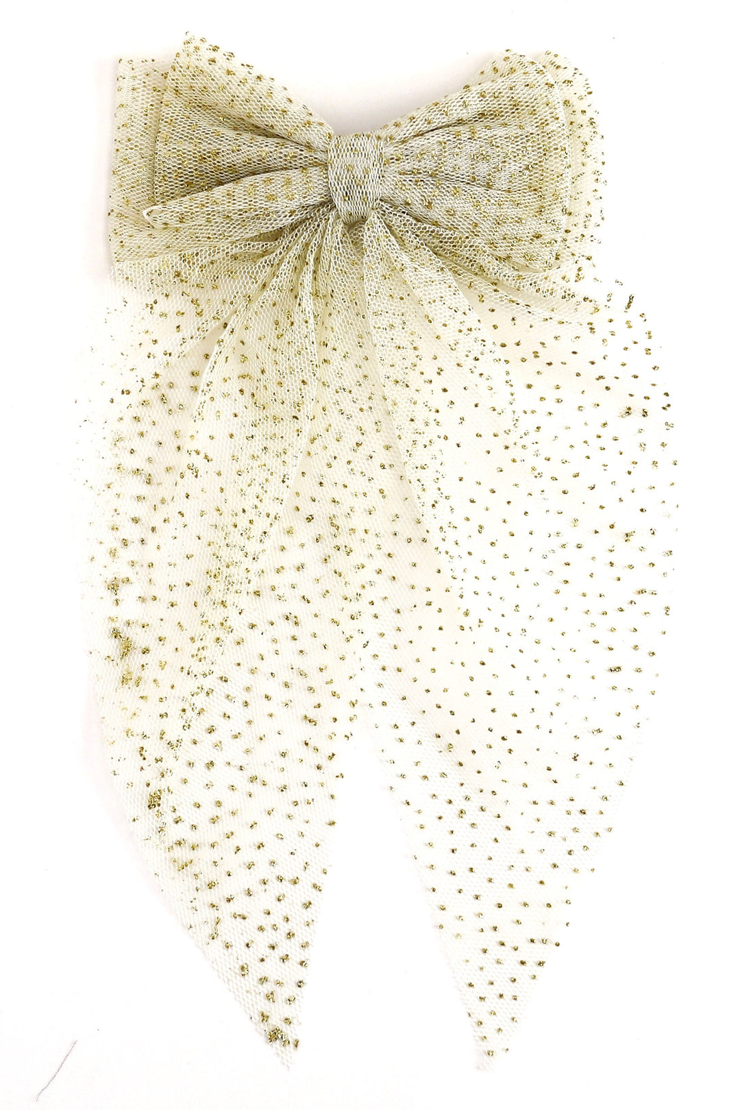light tan tulle hair bow with micro gold glitter dots shown on a white background