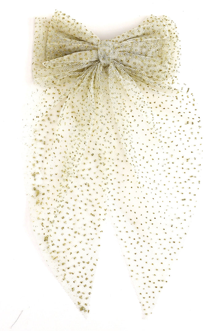 light tan tulle hair bow with micro gold glitter dots shown on a white background