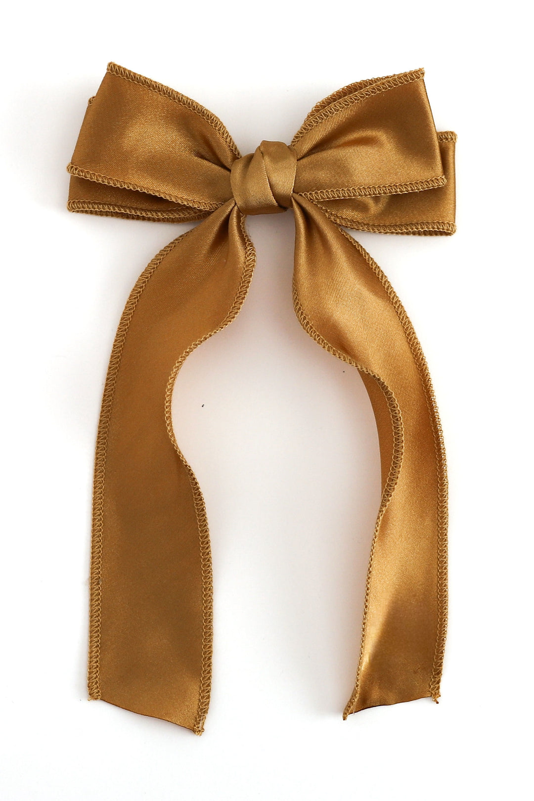 gold satin hair bow with double bow top, long tails photographed on a white background