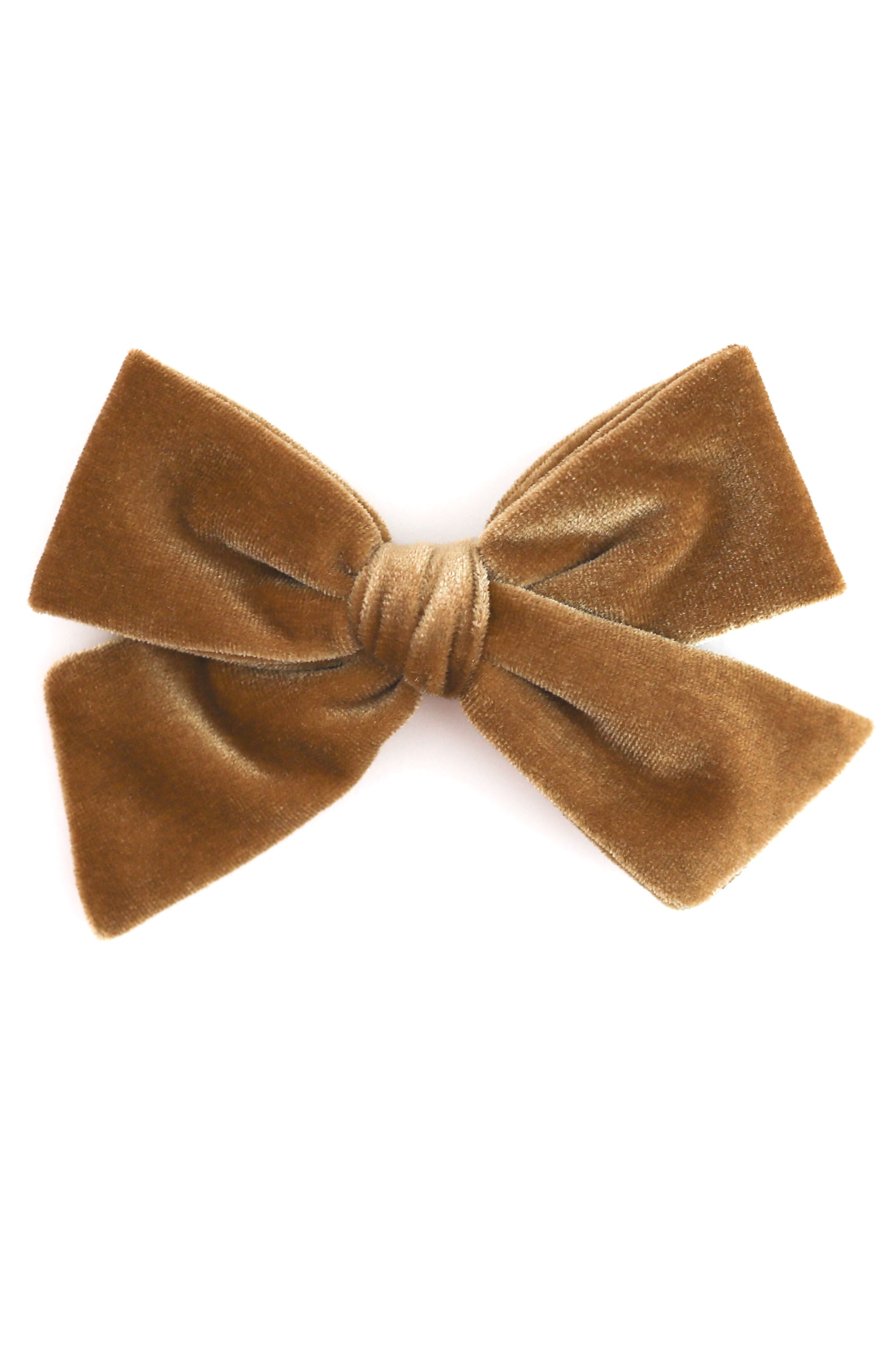 gold velvet hair bow on clip shown on solid white background