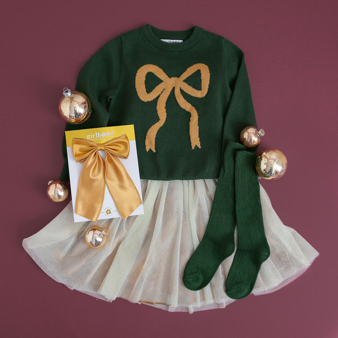 girls gold bow matching outfit for christmas