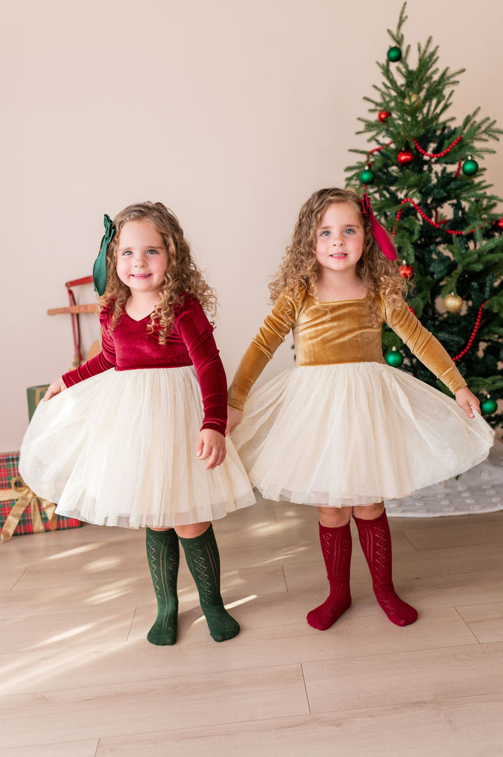 two girls standing in front of christmas tree wearing fancy velvet tutu dresses for christmas