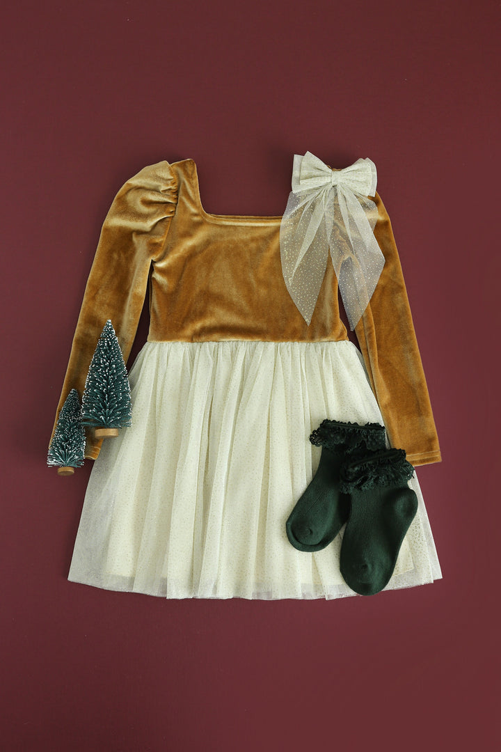 festive girls christmas outfit with gold velvet dress, sparkly tulle, forest green fancy bobby socks and matching tulle hairbow