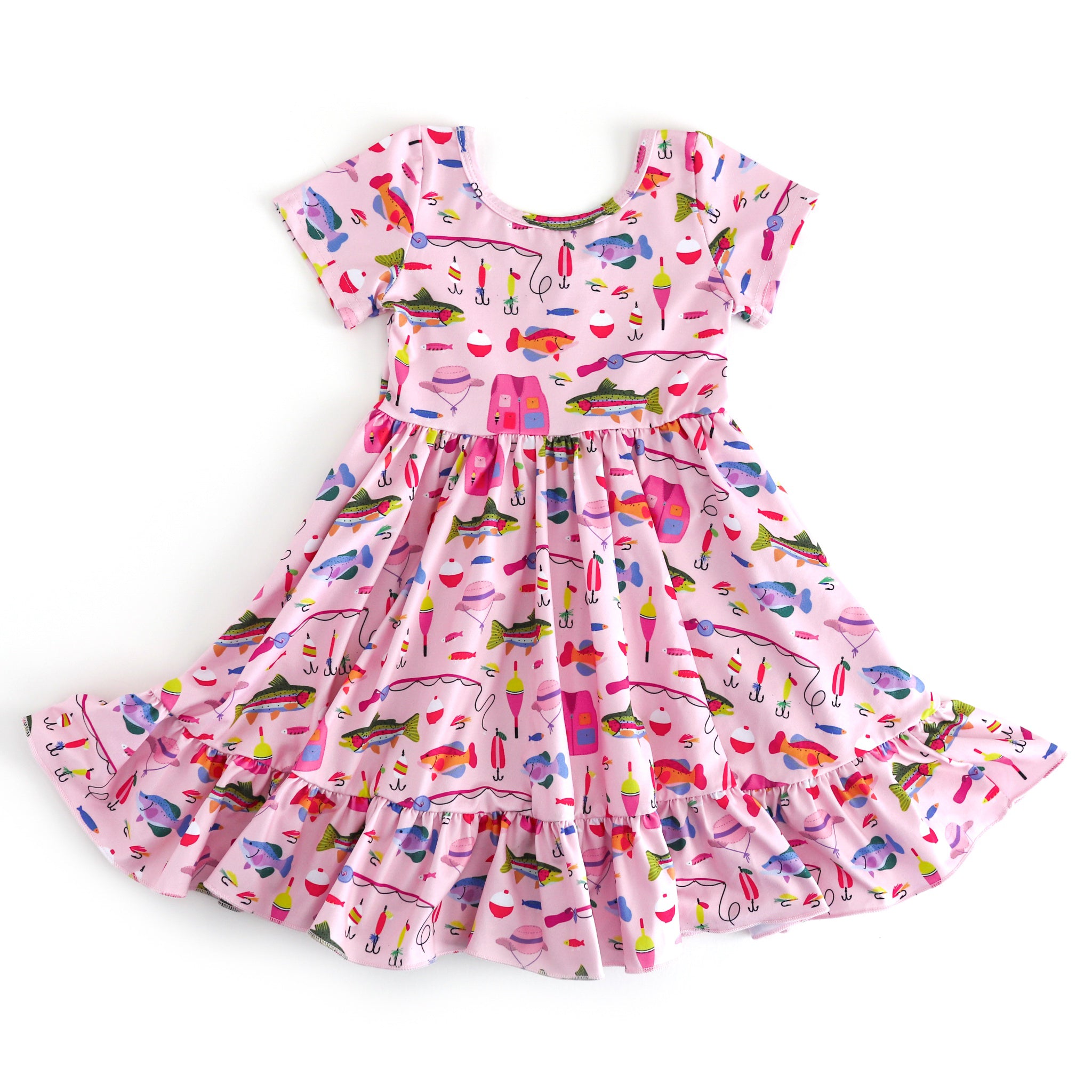 girls pink short sleeve twirl dress with ruffle hem and colorful fishing print