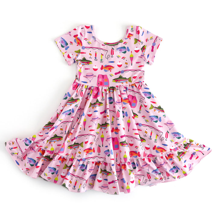 girls pink short sleeve twirl dress with ruffle hem and colorful fishing print