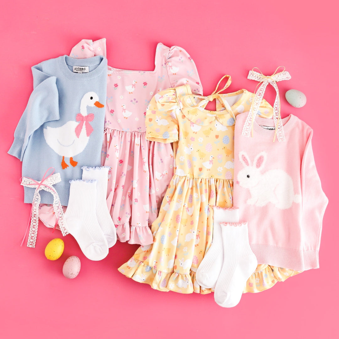 Girls' Bunnies & Bows Easter Twirl Dress – Little Stocking Company Girls' Bunnies & Bows Easter Twirl Dress – Little Stocking Company