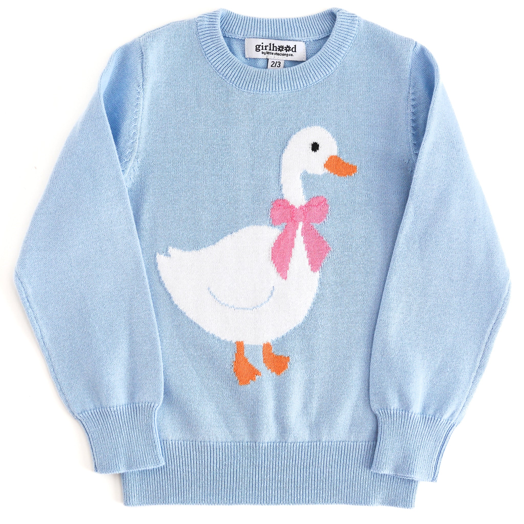 girls' light blue cotton knit sweater with white goose wearing ribbon bow for Easter