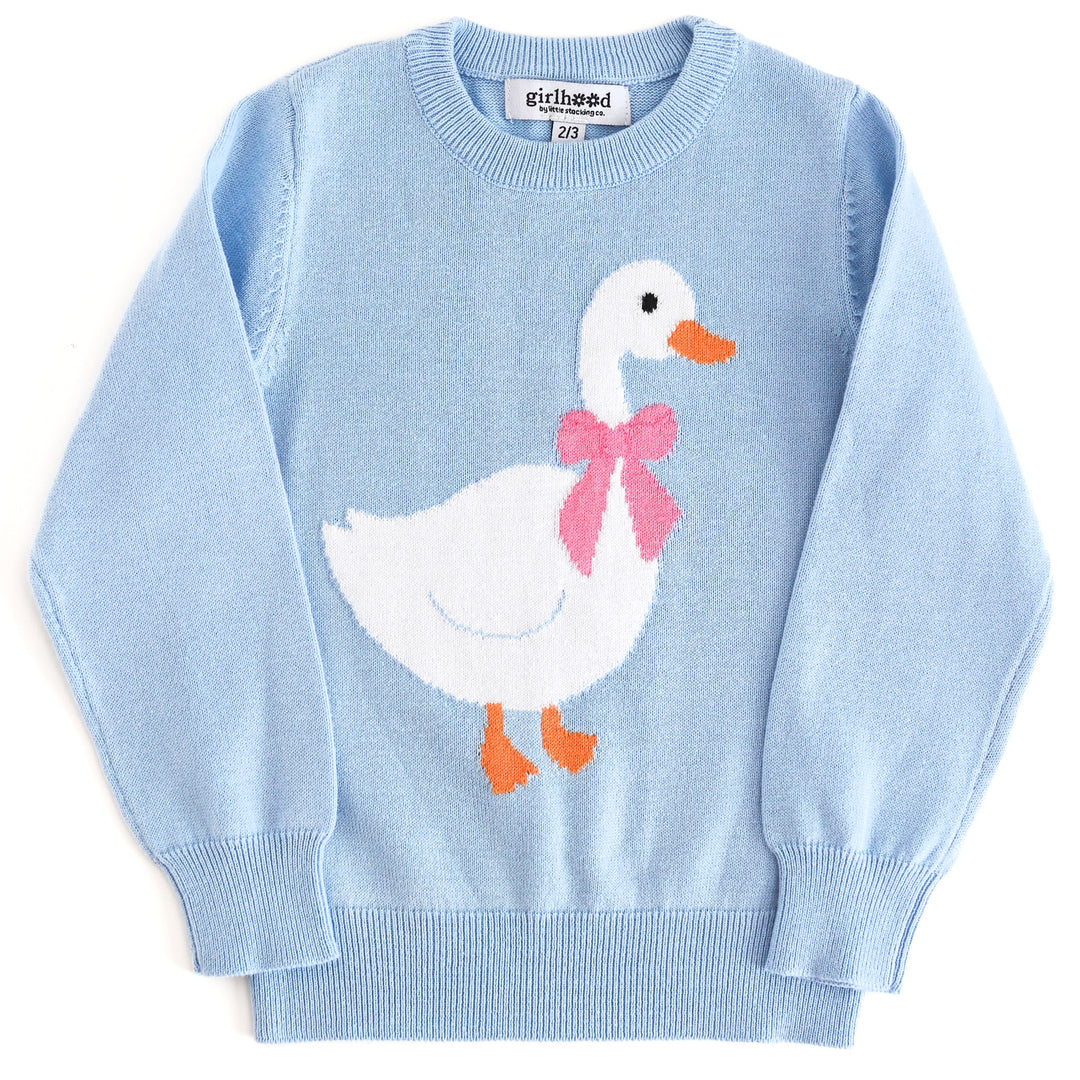 girls' light blue cotton knit sweater with white goose wearing ribbon bow for Easter
