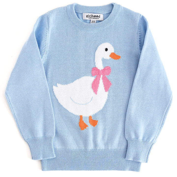 girls' light blue cotton knit sweater with white goose wearing ribbon bow for Easter