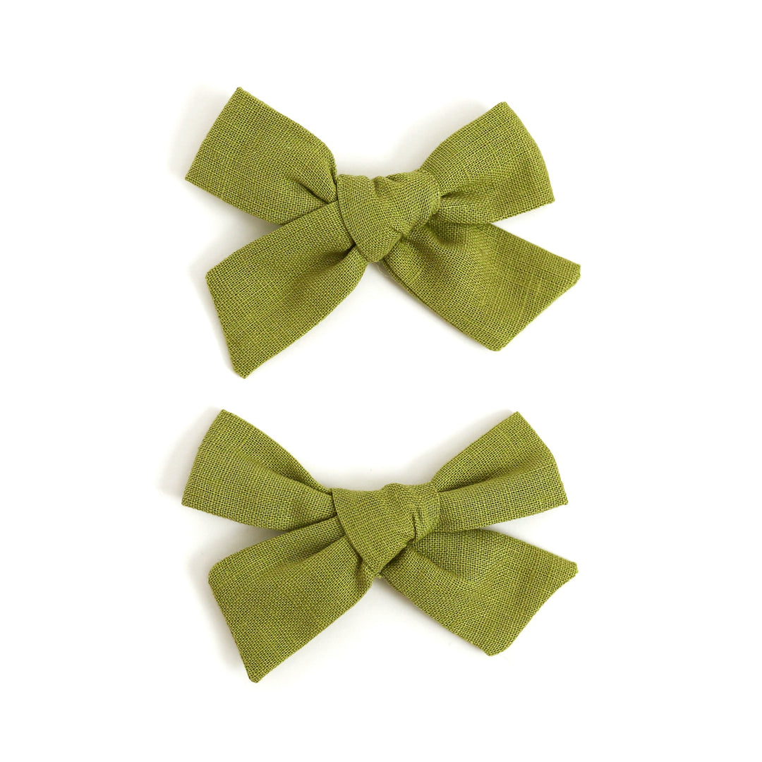 girls' back to school linen hair bow clips in green apple