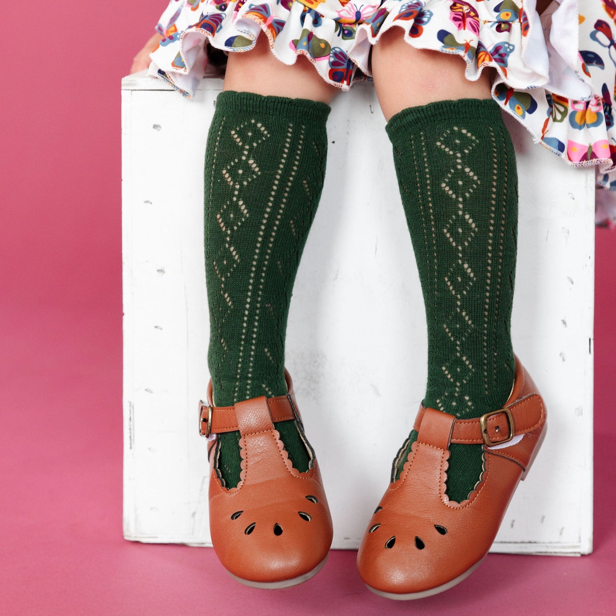 girls fancy knit crochet knee socks in forest green