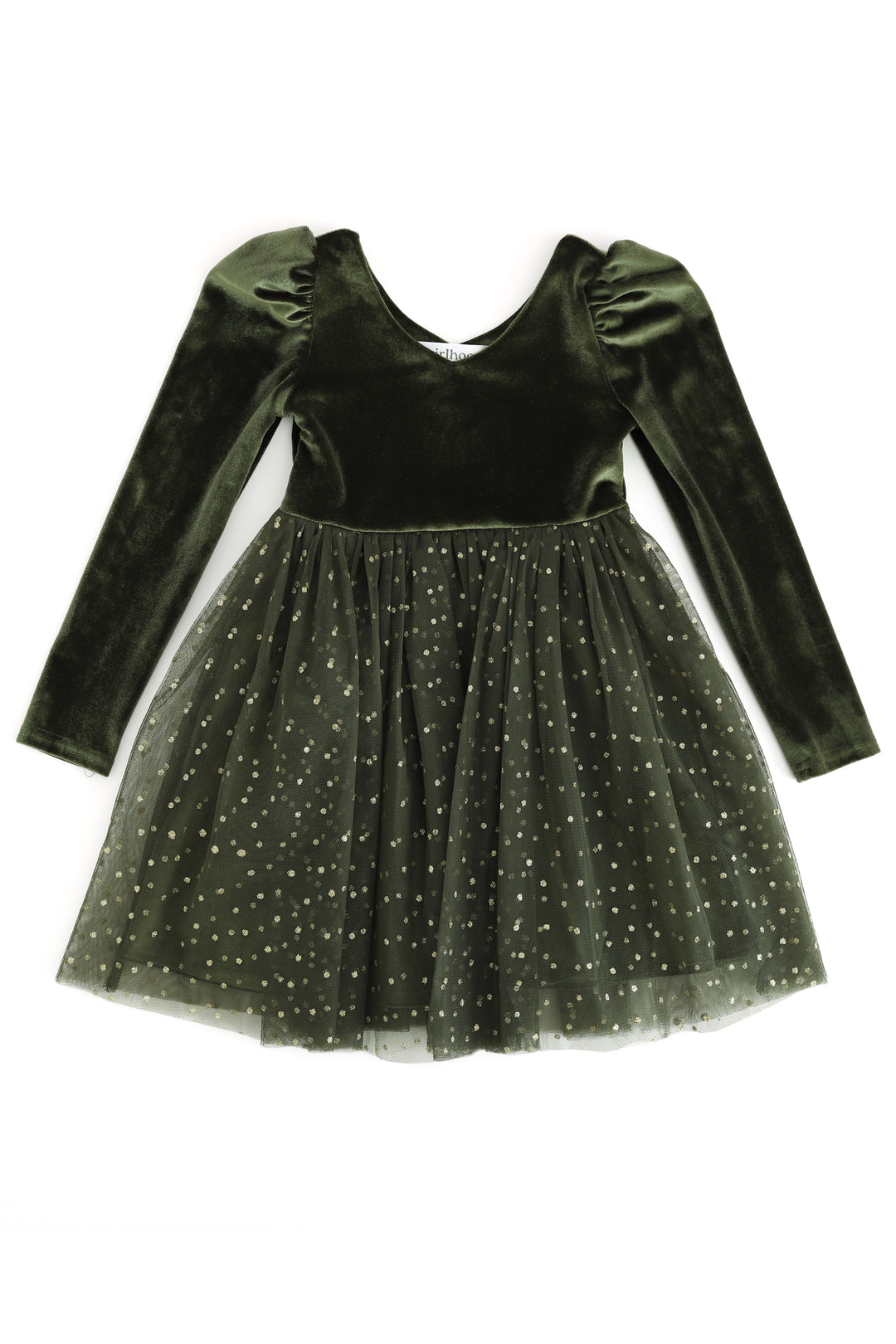 girls green velvet christmas tutu dress with sparkly gold tulle skirt on a white background