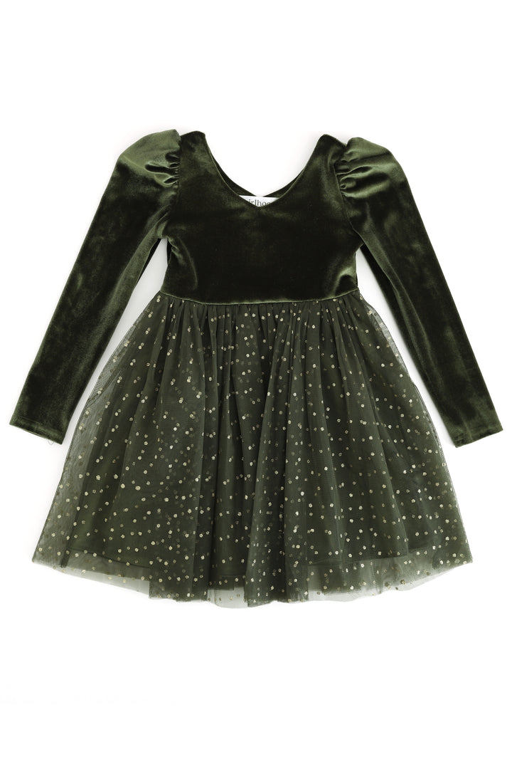 girls green velvet christmas tutu dress with sparkly gold tulle skirt on a white background
