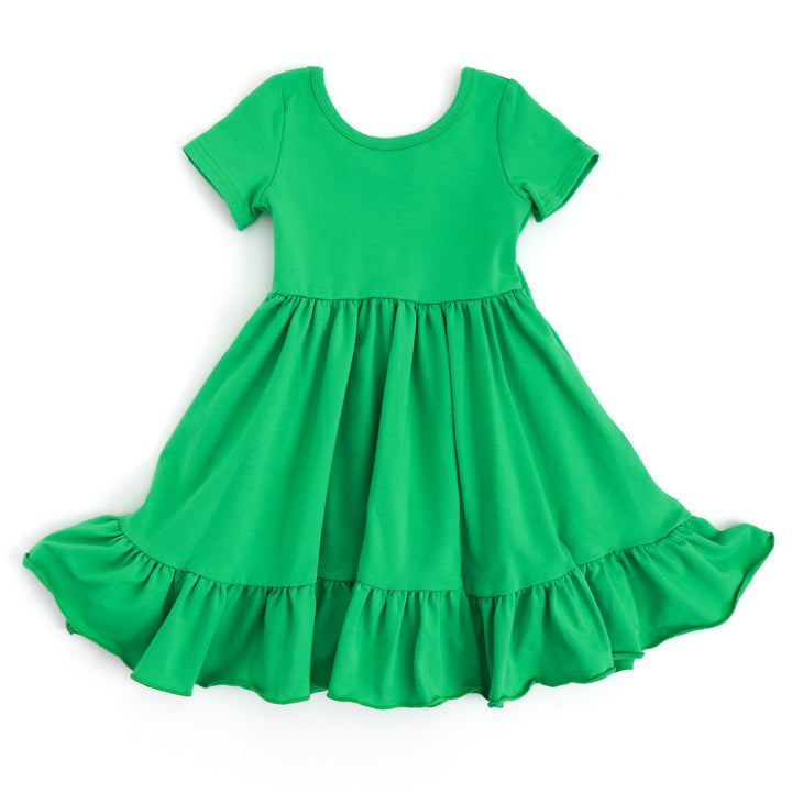 irish green solid girls cotton twirl dress with pockets. perfect green dress for st. patricks day