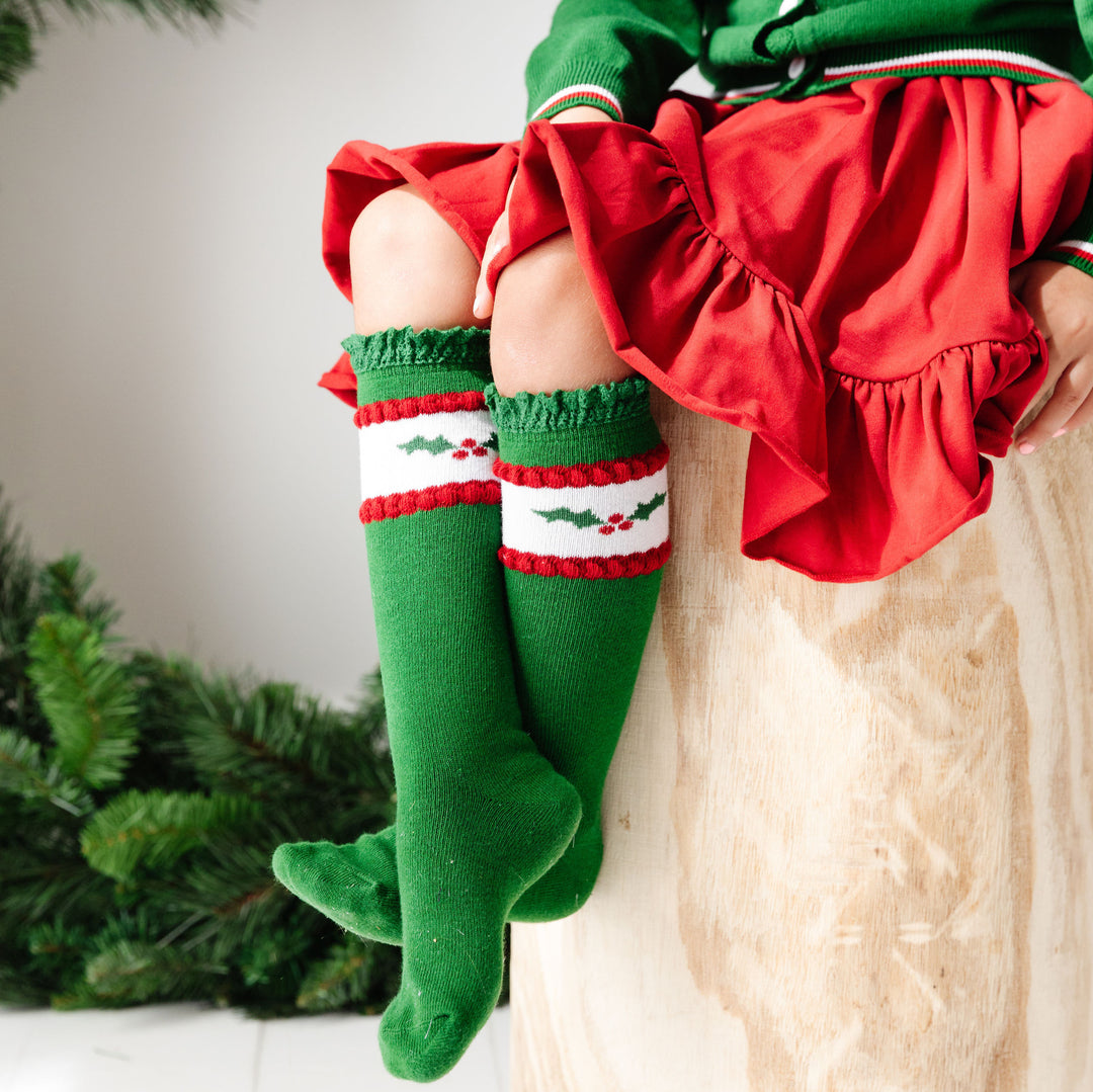 vintage inspired christmas knee high socks for girls with holly