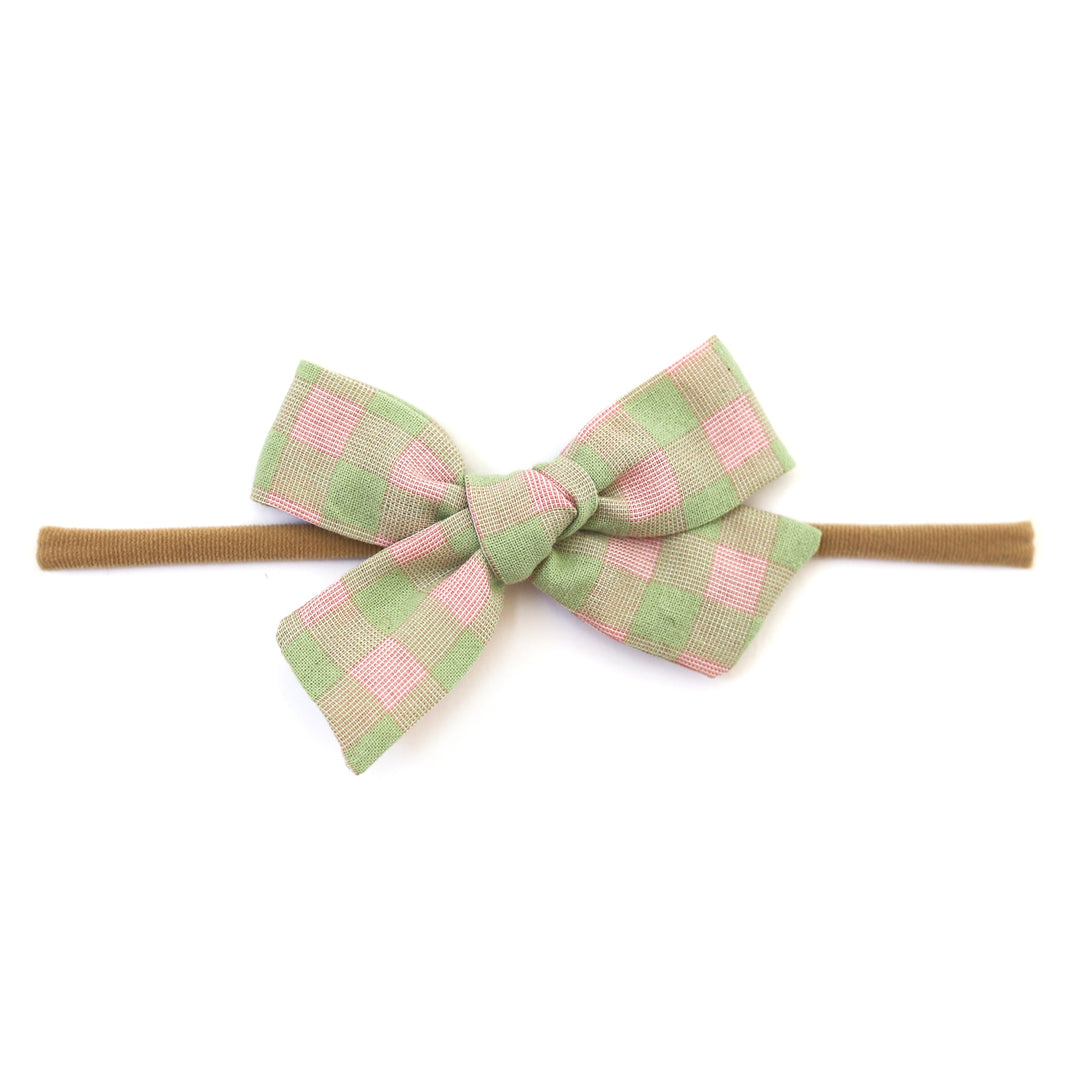 light green and pink gingham baby bow on nylon headband