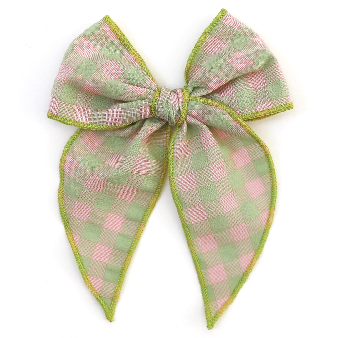 girls green and pink gingham hair bow with kiwi green trim