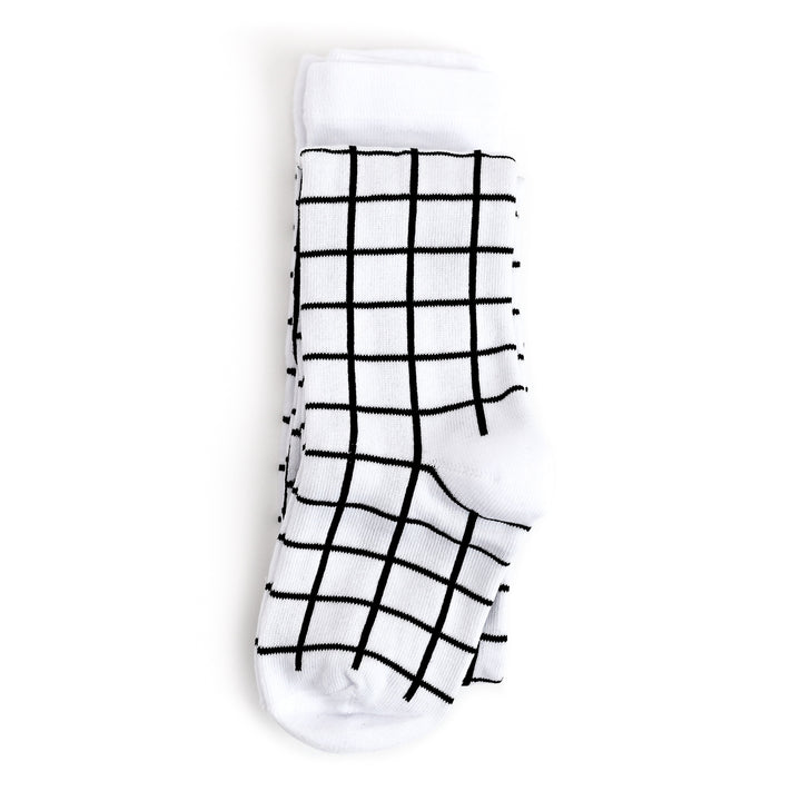 white and black grid pattern cotton tights for babies, toddlers and girls. cute back to school grid pattern tights