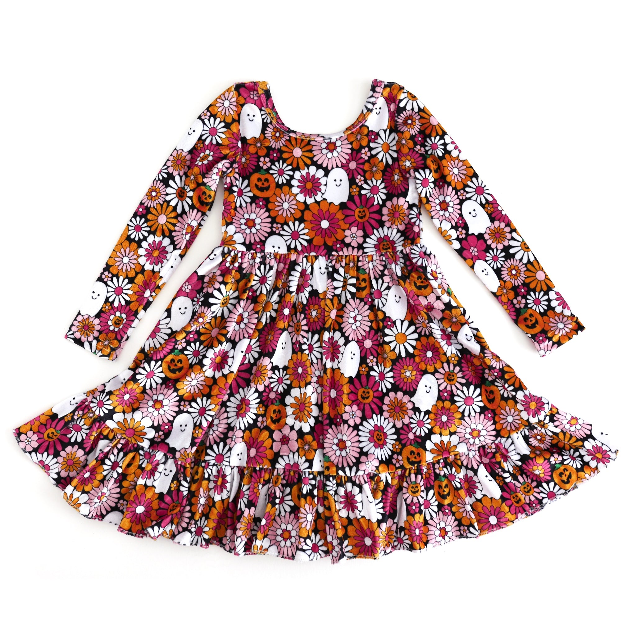 girls' velvet long sleeve twirl dress with mod floral print with ghosts and pumpkins in shades of pink, orange, white and black 