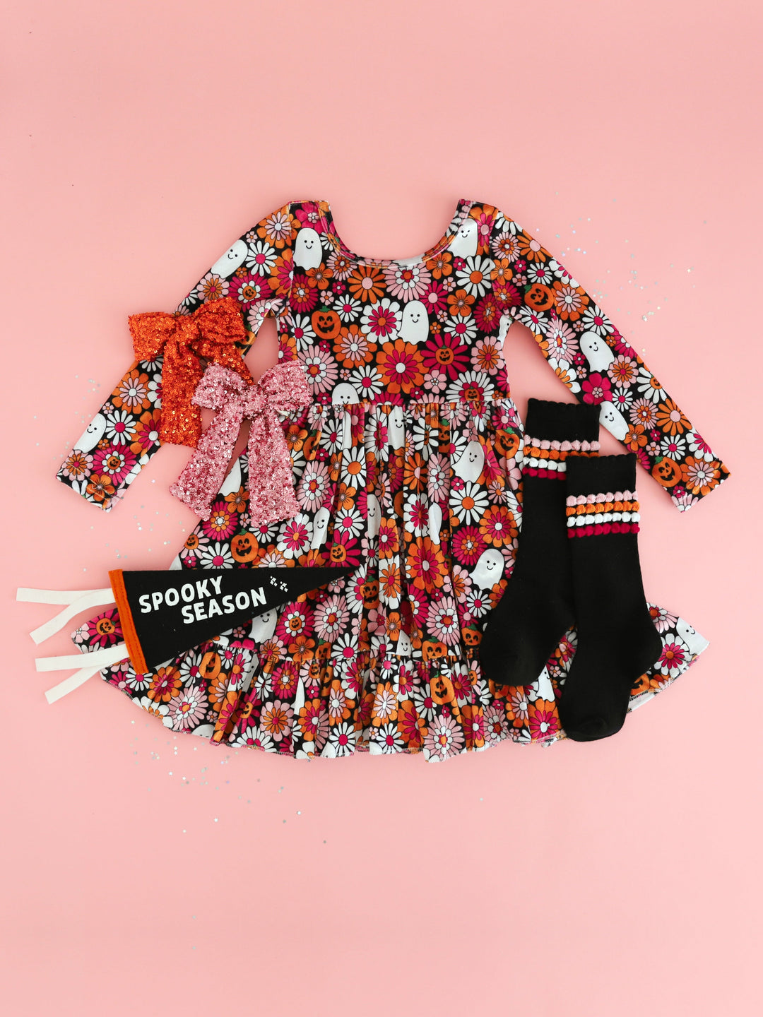 girls' long sleeve velvet dress with flower, ghost and pumpkin print in Halloween shades and matching accessories for spooky season