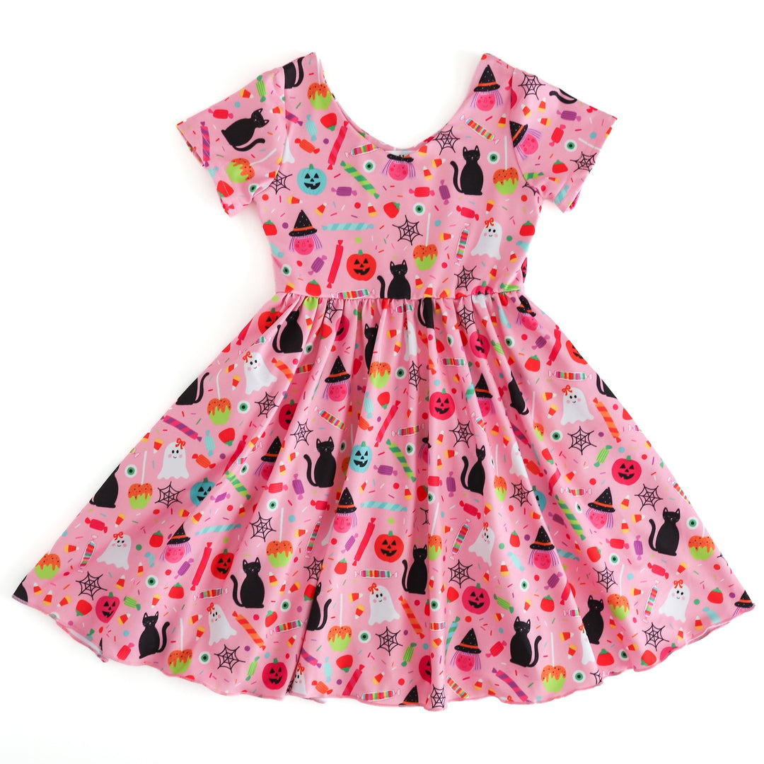 girls pink Halloween v-neck twirl dress with festive Halloween print