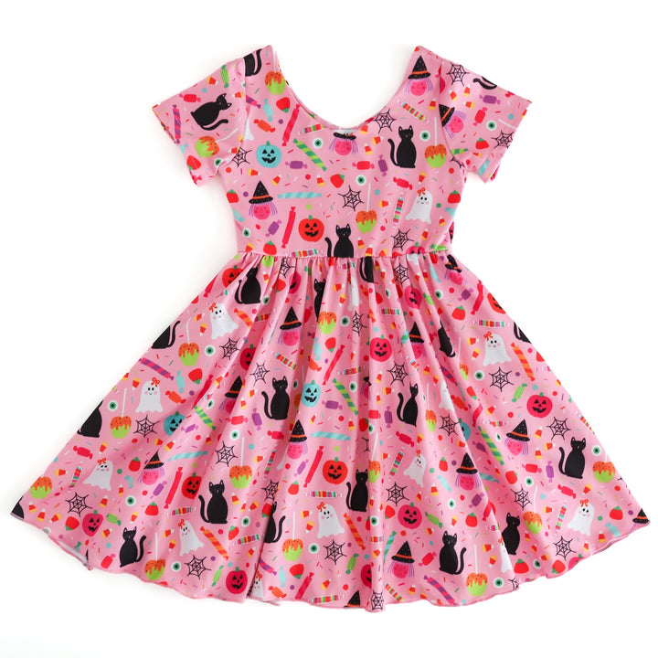 girls pink Halloween v-neck twirl dress with festive Halloween print