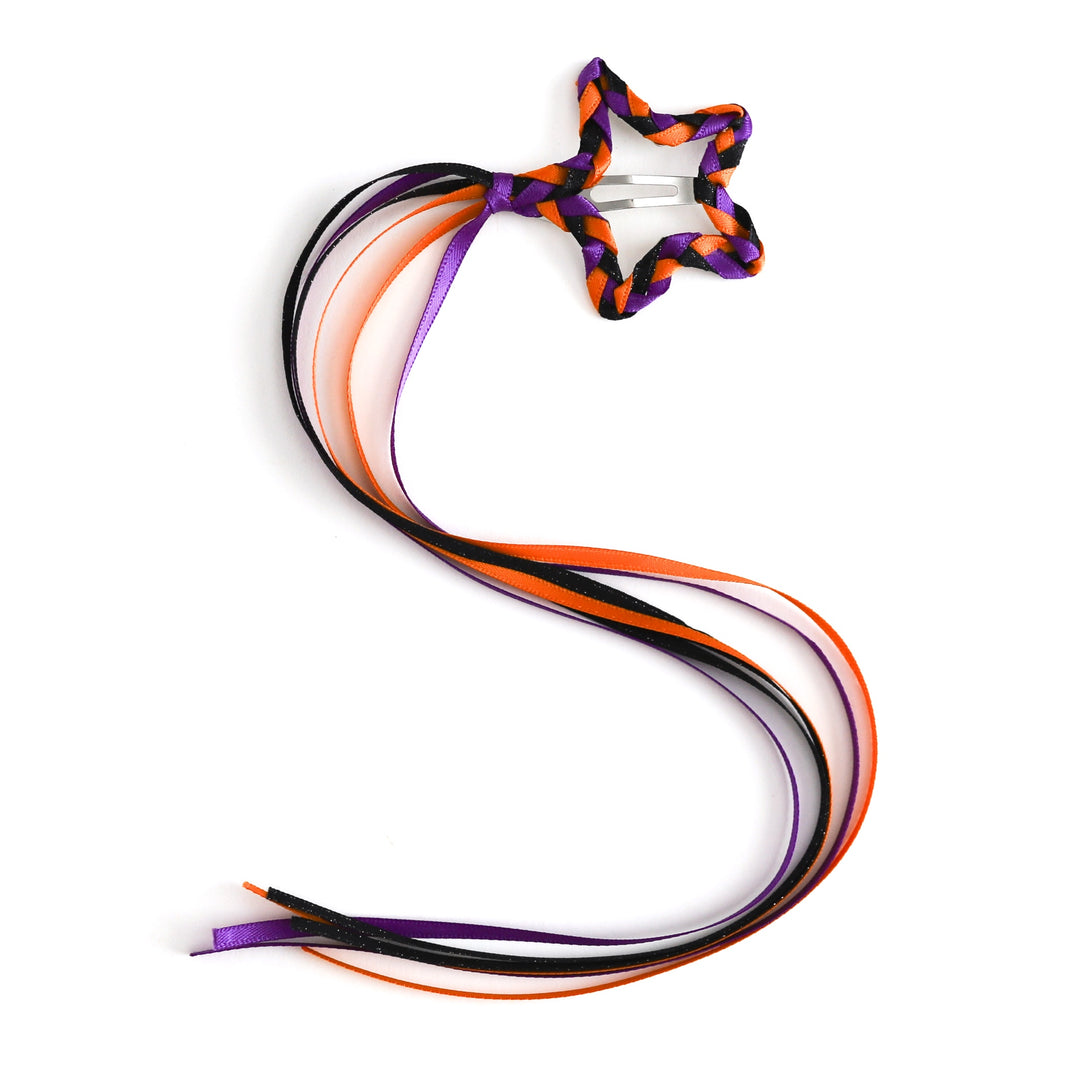girl's braided star clip with orange, purple and black satin ribbon streamers for Halloween