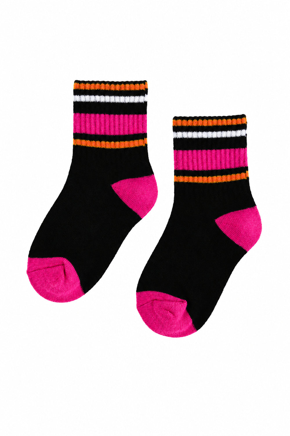 Black ribbed crew socks with hot pink, orange and white stripes for Halloween