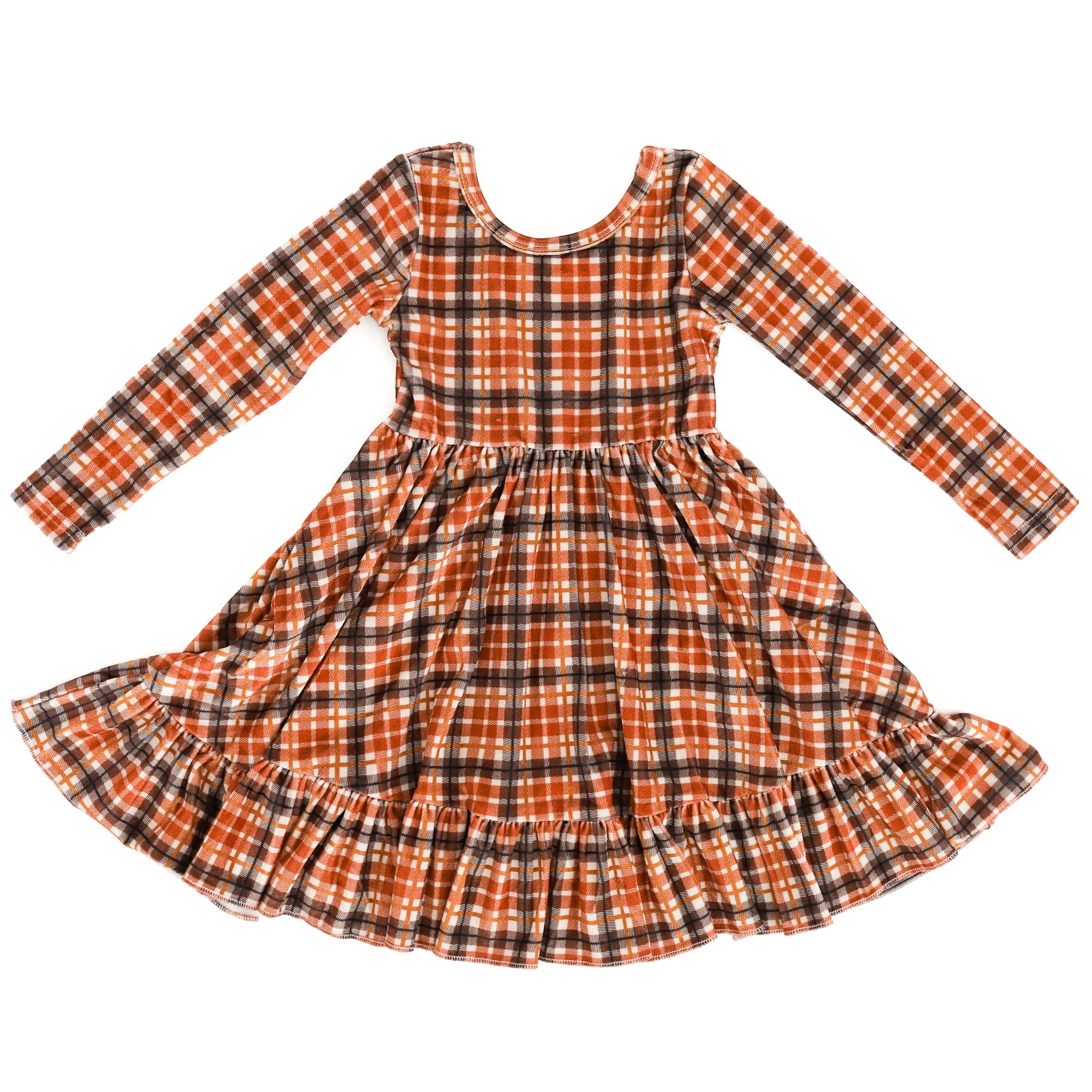 girls' long sleeve velvet plaid twirl dress with harvest colors palette 