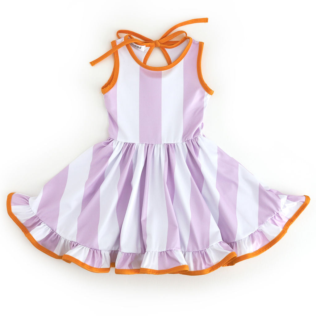 girls' lavender and white wide vertical striped sleeveless twirl dress with orange trim