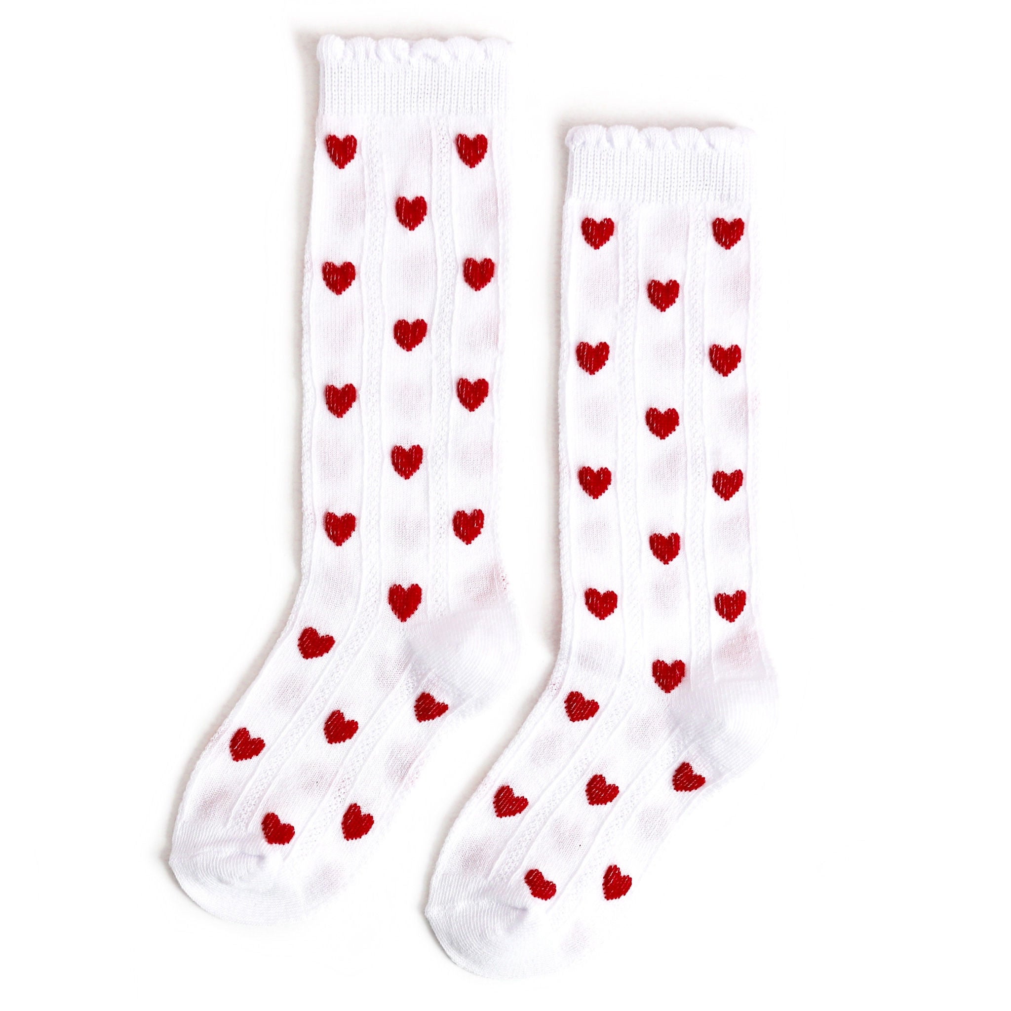 girls white scallop trimmed knee high sock with red embroidered hearts