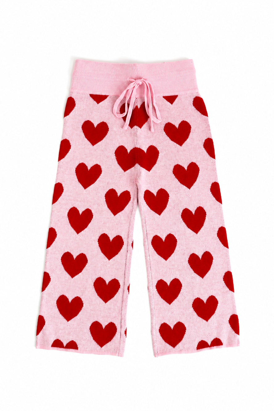 cotton knit sweater pants with drawstring waistband in pink with red heart pattern for Valentine's Day