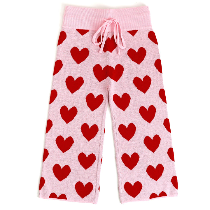 cotton knit sweater pants with drawstring waistband in pink with red heart pattern for Valentine's Day