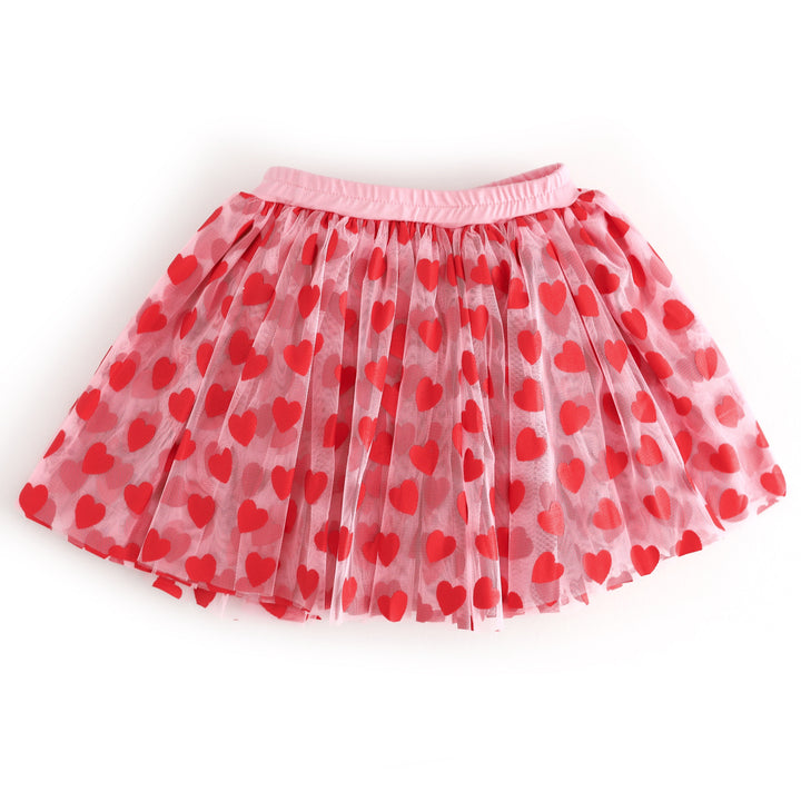 girls pink tulle skort with red heart pattern and attached pink cotton blend shorts for Valentine's Day