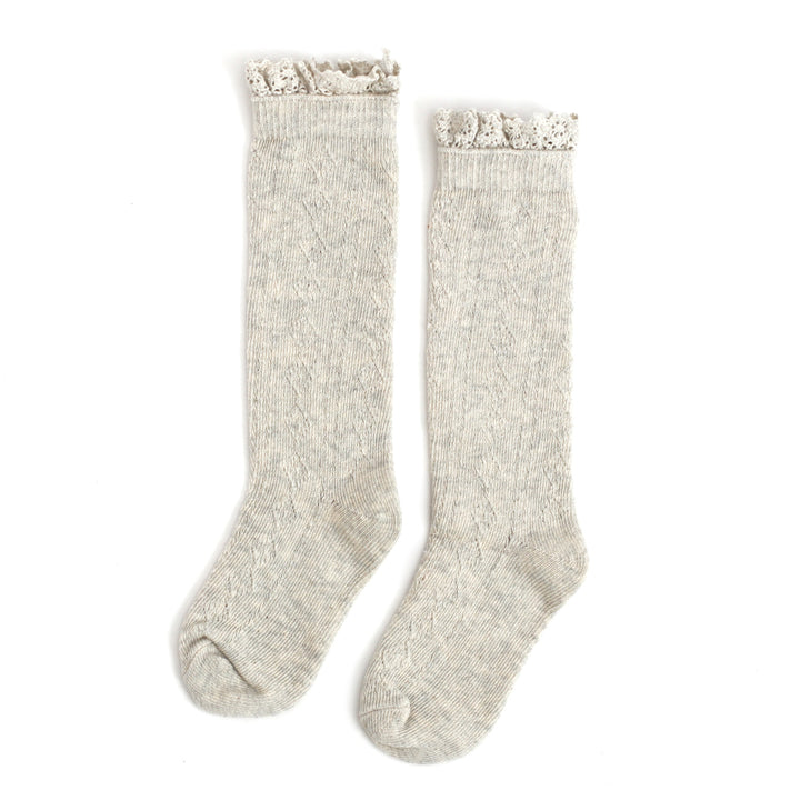 girls fancy open crochet knee highs with lace in heathered ivory color