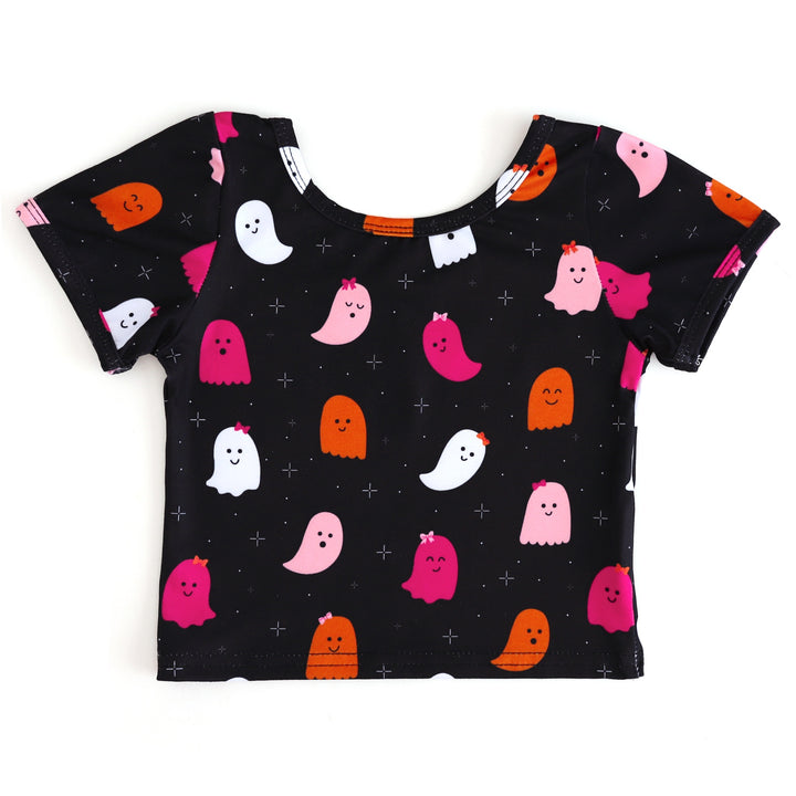 girls black fitted t-shirt with all over ghost print in pink, orange and white to match pink and classic Halloween outfits